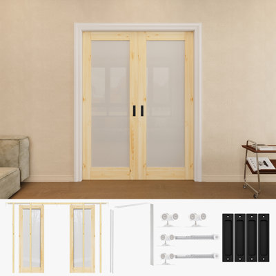 64" x 80" 1-Lite Frosted Glass Double Sliding Closet Pocket Door Pine Solid Wood Door with Black Hardware & White Pocket Door Frame