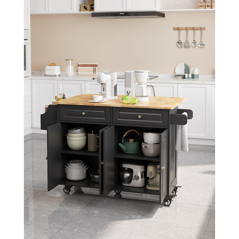 Îlot de cuisine en bois massif, Base noire / comptoir brun