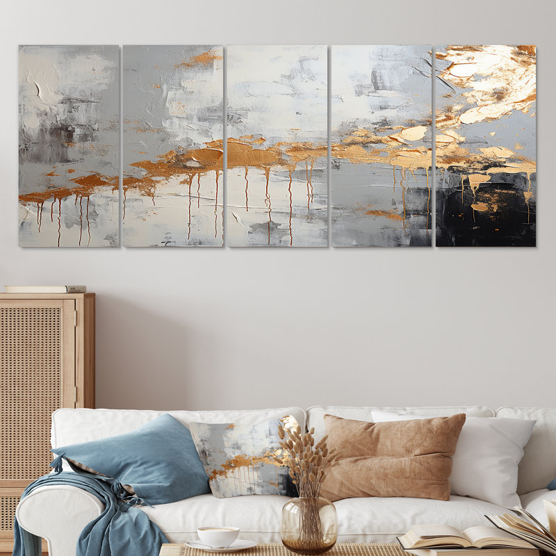 «Gilded Elegance» noir et gris - ensemble d'art mural abstrait 5 pièces, H 28 po x l 60 po