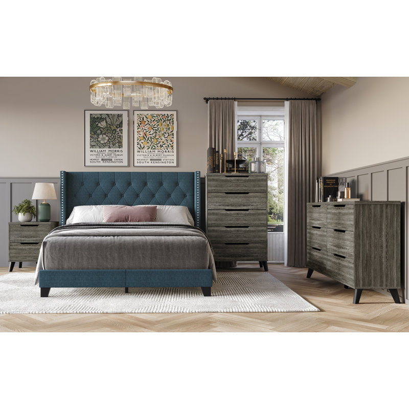 Ensemble de chambre à coucher à oreilles avec commode, commode et commode Castle Place, Warm Grey, King