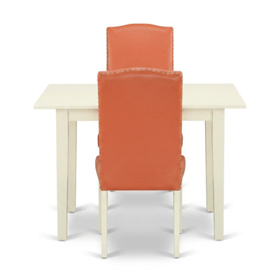 Ensemble de salle à manger 3 pièces en bois massif d'hévéa, finition lin et similicuir rose flamant rose, table rectangulaire à abattants, 2 chaises Parson