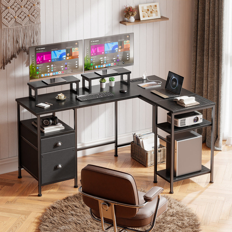 66 in. L-Shaped Computer Desk with 2 Monitor Stand, Power Outlet, Cabinet Gaming Desk Metal Base with Drawers Writing desk for Home Office