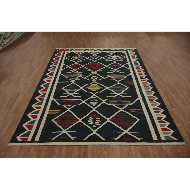 Tapis noir en laine à motif géométrique kilim 8 x 11