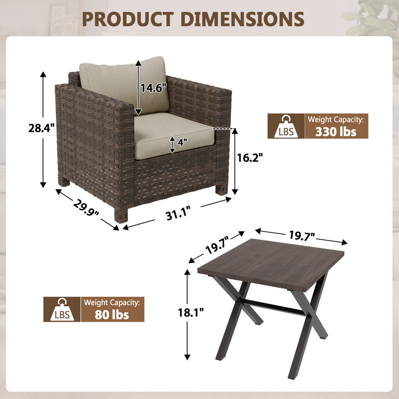 Ensemble de chaises longues en osier avec coussins et table d'appoint 3 pièces