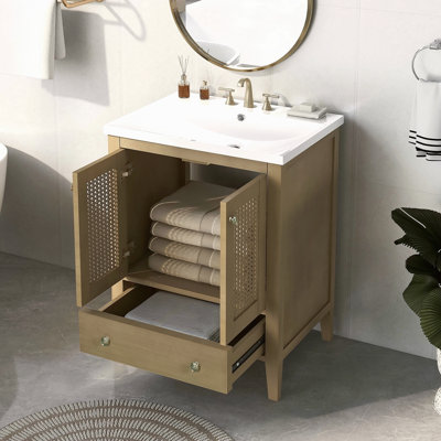 24" Bathroom Vanity With Ceramic Basin, Rattan Bathroom Storage Cabinet With Two Doors And Drawer, Solid Frame