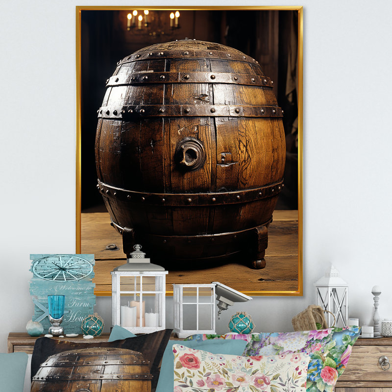 Tonneau de vin en bois brun - art mural vin, H 44 po x l 34 po x P 1,5 po, Cadre flottant doré