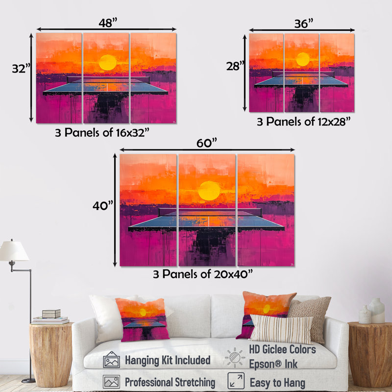 Jeu de ping-pong orange et mauve au coucher du soleil, Toile tendue, H 32 po x l 48 po x P 1 po