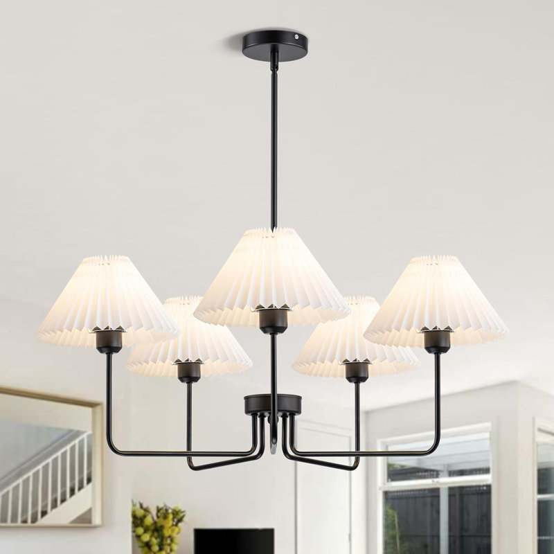 Lustre noir 33,4 pouces, lustre moderne 5 lumières pour la salle à manger avec abat-jour en tissu blanc, Noir mat