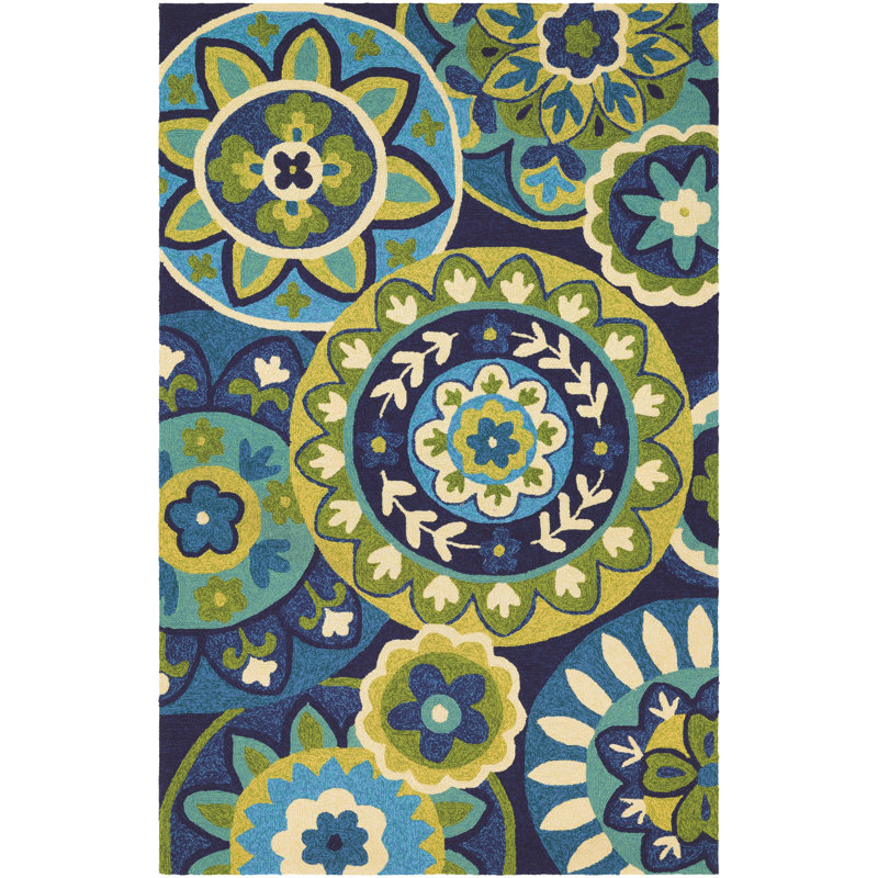 Tapis intérieur / extérieur floral bleu / vert Croydon, Rectangle : 5 pi 6 po x 8 pi