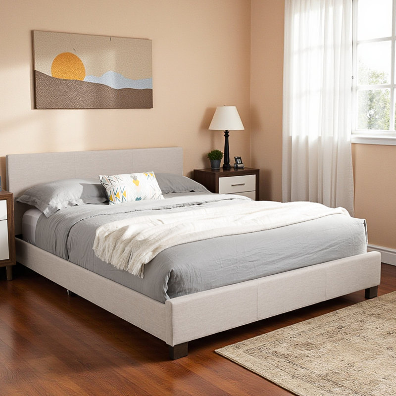Stanza Upholstered Panel-Stitched Full Size Platform Bed Beige, 33.32'' H X 56.95'' W X 80.27'' L, Full / Double