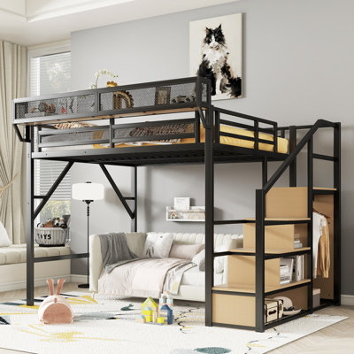Queen Size Metal Loft Bed with Stairs, Storage Shelves & Wardrobe, High Loft Bed for Kids Teens Adults, Black