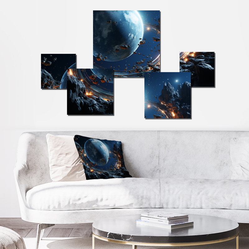 «Blue Planets Distorsion», ensemble d'art mural carré 5 pièces