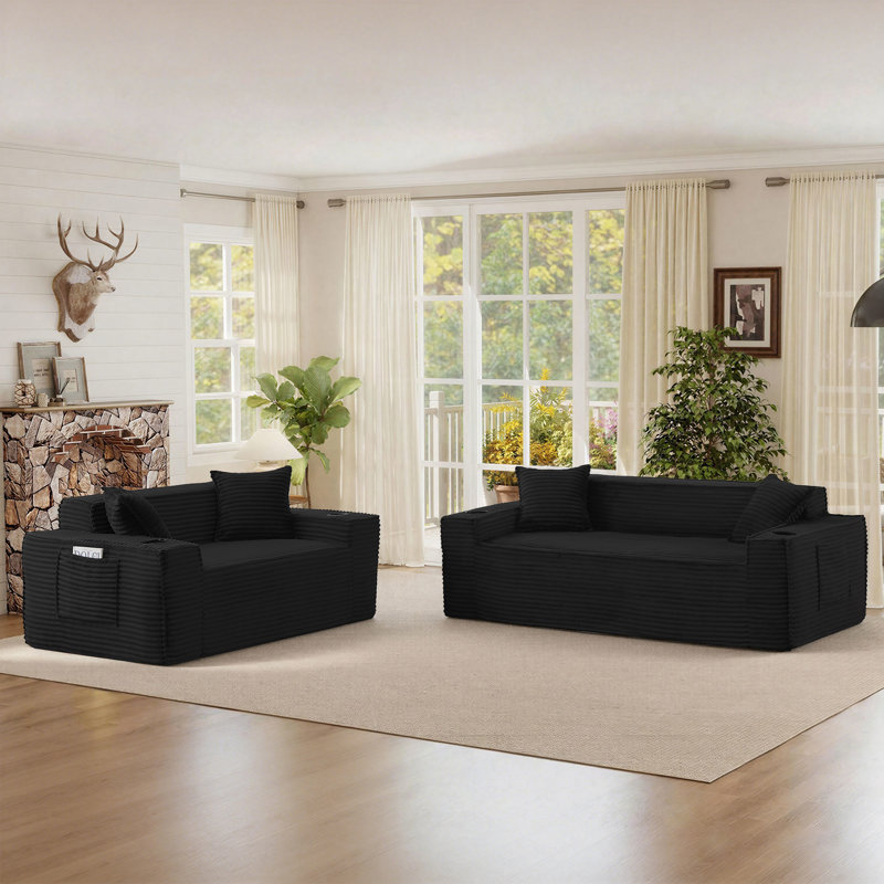 2-Piece Modern Boneless Living Room Set With Loveseat And Sofa, Black, 2 Pieces: 1 Loveseat, 1 Sofa