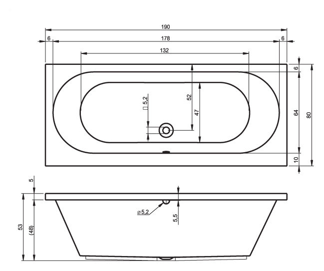 x 950mm Soaking Acrylic Bathtub, 75cm H x 205cm L x 95cm D