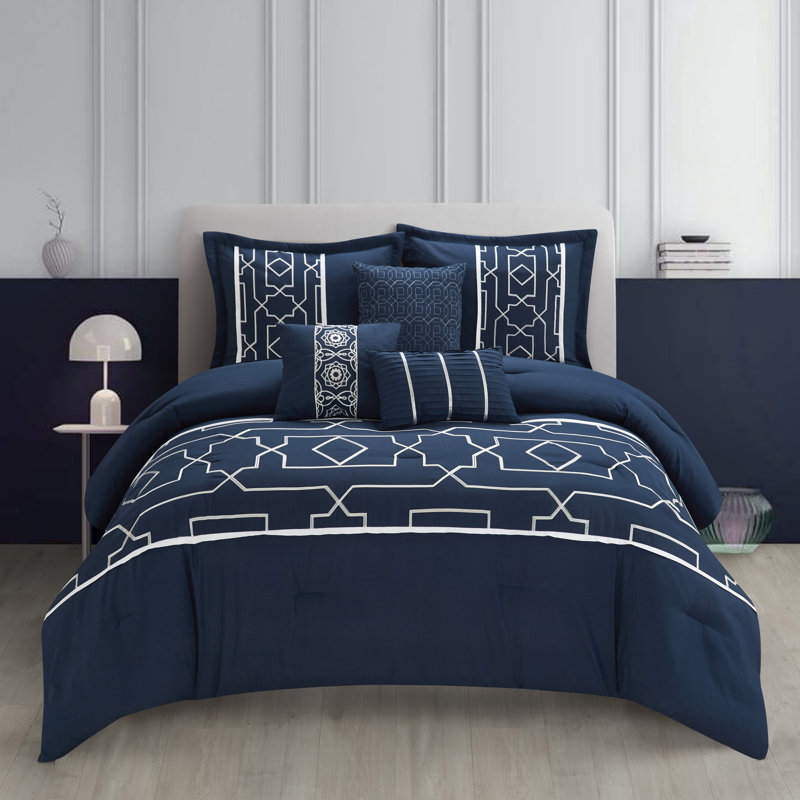Navy Geometric Microfiber Queen Comforter Bedding Set