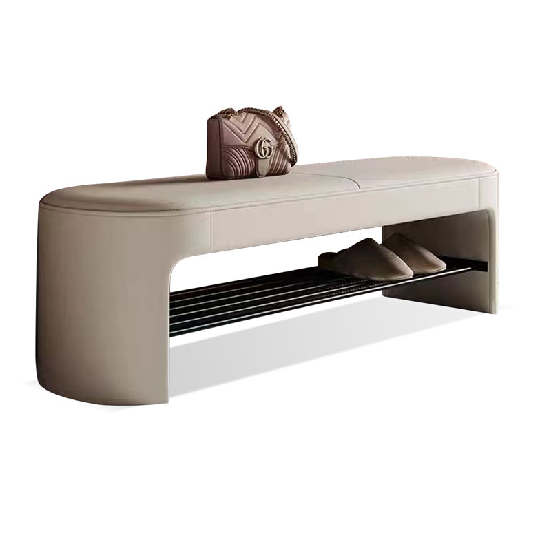 Beige Modern Wood Upholstered  Entryway Leather Long Shoe Storage Bench, Beige, 16.93" H x 35.43" W x 15.75" D