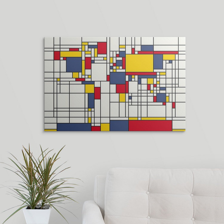 «World Map Abstract Mondrian Style» par Francy, impression, H 20 po x l 26 po x P 1 po, Cadre noir