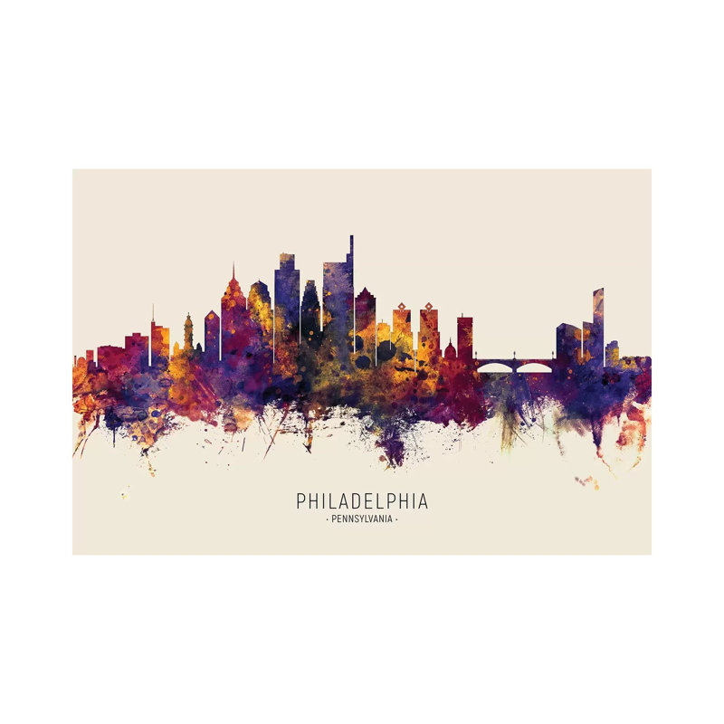 Philadelphia Skyline Red Beige by Michael Tompsett - 1 Piece Wrapped Canvas Wall Art, 66.04 cm H x 45.72 cm W x 3.175 cm D