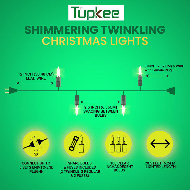 Lumières scintillantes de Noël à DEL Tupkee - 16 de 100 ampoules scintillantes - lumières multicolores à DEL pour arbre de Noël - intérieur extérieur - guirlande lumineuse de 24,75 pieds, scintillement scintillant des Fêtes