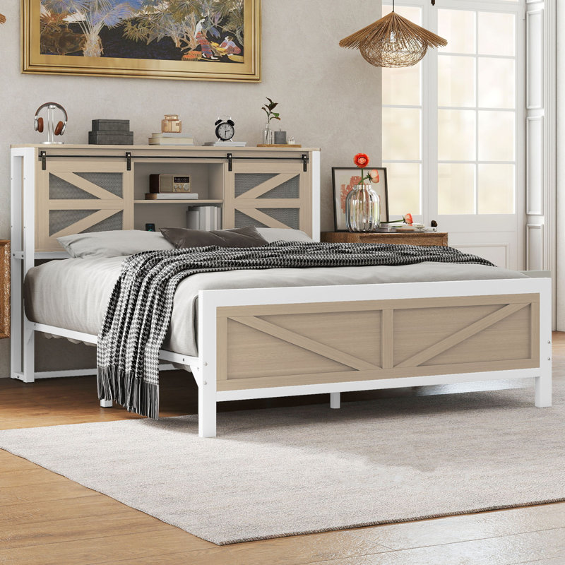 Metal Platform Bed with Bookcase Headboard and LED Lights, Queen, Gray