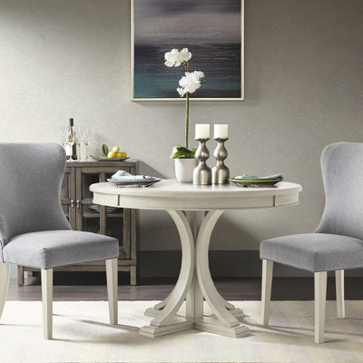 Table de salle à manger ronde de 112 cm (44 po), couleur crème antique, plateau en placage de bois massif, pieds, 4 à 6 couverts, assemblage requis.