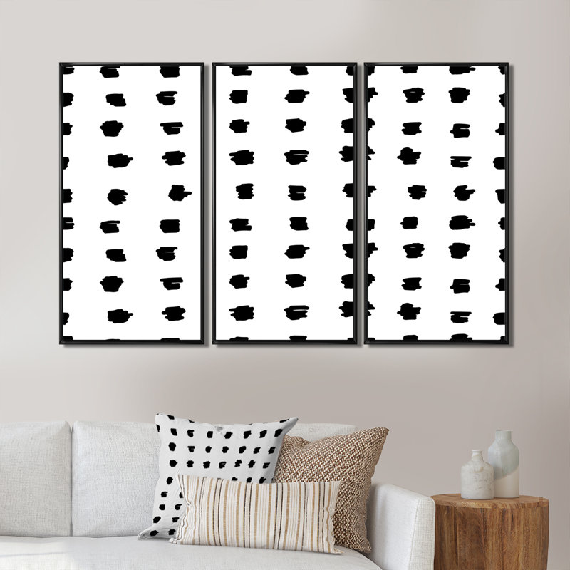 Motif géométrique de pois noirs sur fond blanc - ensemble de 3 toiles encadrées, Noir, H 28 po x l 36 po x P 1 po