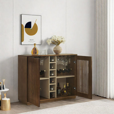 Mid Century Modern Fluted Liquor Cabinet with Wine Glass Holder and Rack
