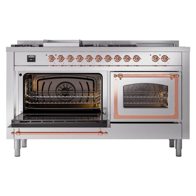 ILVE Nostalgie II Noblesse 60 in Dual Fuel Range 7 Burner, Griddle, Frenchtop, Natural Gas, Stainless Steel/Copper