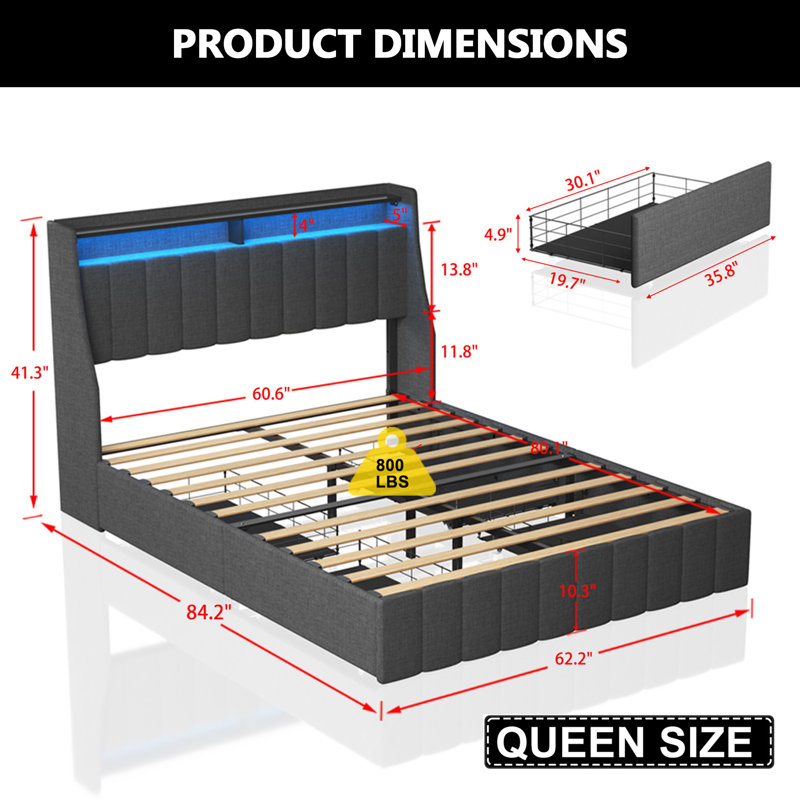 41.3'' Wings Headboard Bed Frame with 4 Under-bed Portable Storage Drawers and LED Light, Dark Gray, Queen