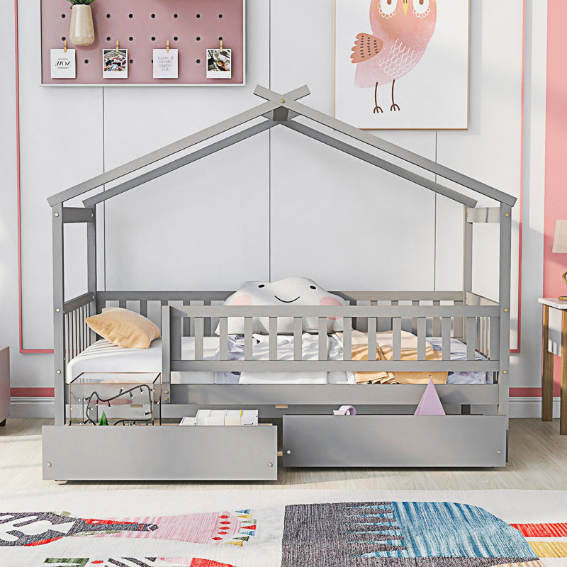 Twin Size House Bed With Two Drawers, Grey