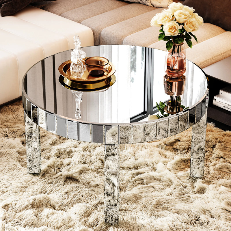 Table basse ronde miroir de 80 cm (31,5 pouces), design éblouissant, base stable, montage rapide. Parfait pour les espaces de bureau. Surface et bords lisses, conçu pour une utilisation durable dans les intérieurs modernes.