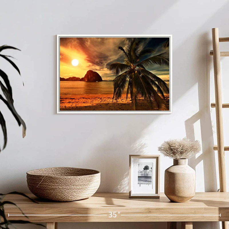 Coucher de soleil sur la plage chaude, Cadre flottant blanc, 19 po x 13 po
