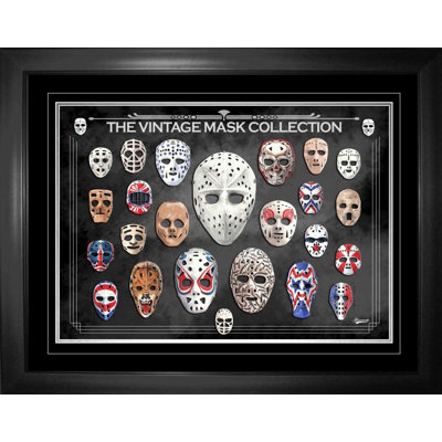 Reproduction encadrée de hockey avec masque de gardien de but à travers les décennies