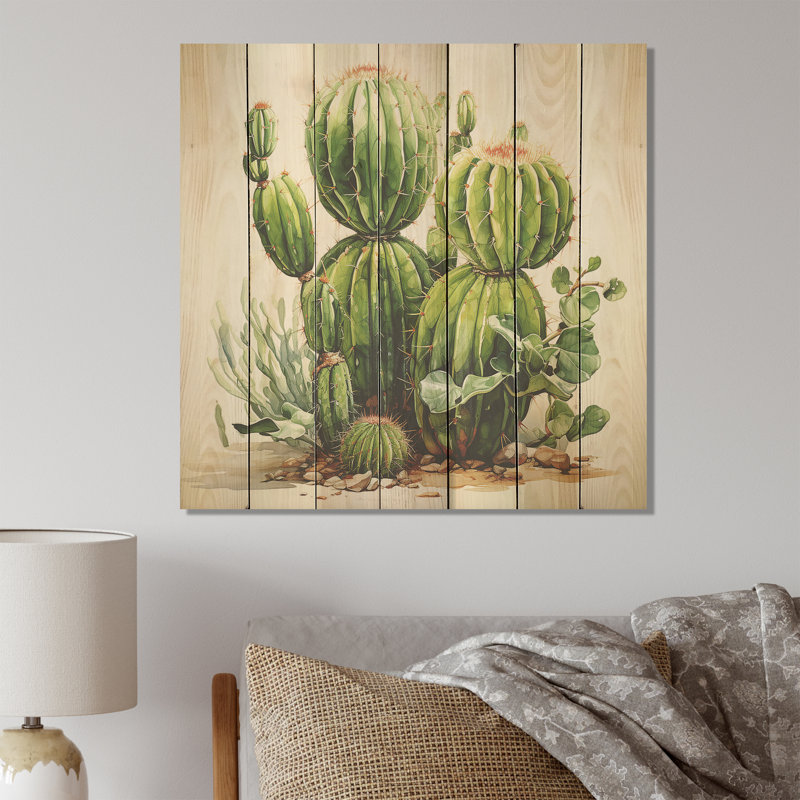 Impression de cactus vert désert II - fruits sur bois, H 15 po x l 15 po