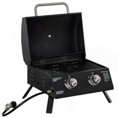 Barbecue de table portatif au propane à 2 brûleurs avec pieds pliables, couvercle, thermomètre pour le camping, le pique-nique, la cour arrière, noir