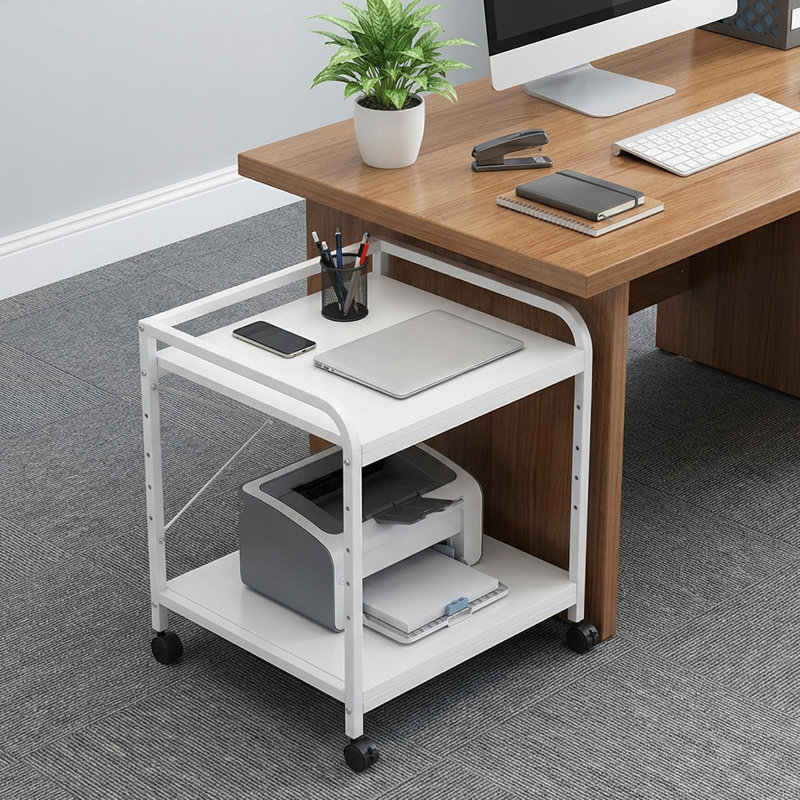 Support pour imprimante sous le bureau à 2 niveaux - Chariot d'imprimante de 20 po de profondeur avec tablettes réglables en hauteur, roulettes et rangement pour bureau personnel