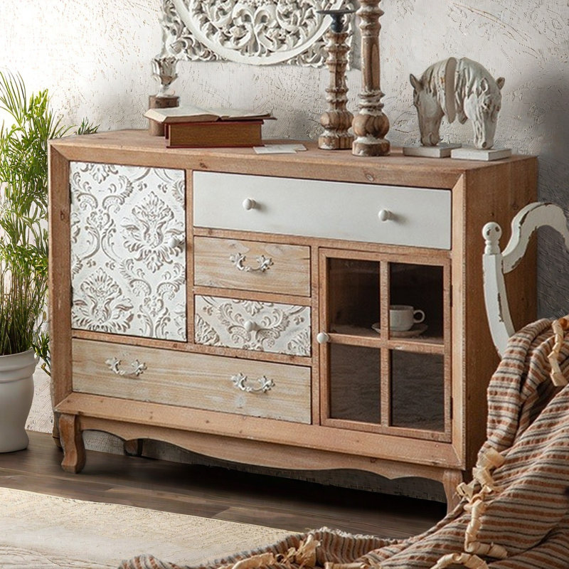 Rustic Retro Solid Wood Carved Accent Cabinet
