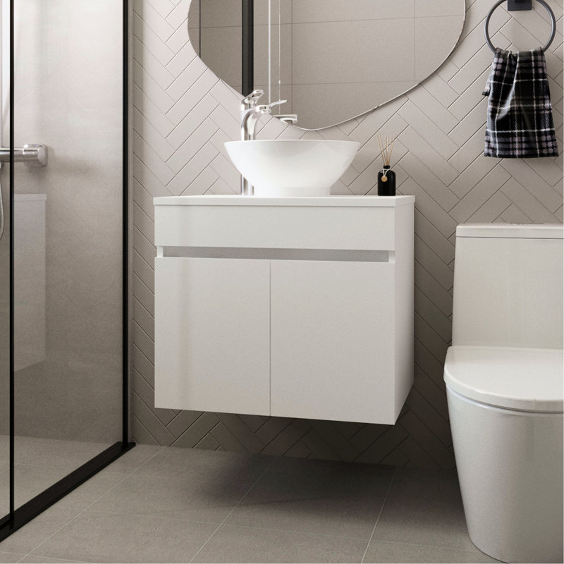 Meuble-lavabo blanc avec 2 portes françaises - Solution de rangement autoportante, lumineuse et élégante, 20,4 H x 23,4 l 17,5 po, panneau de particules 2 portes autoportant avec rangement généreux, illumine