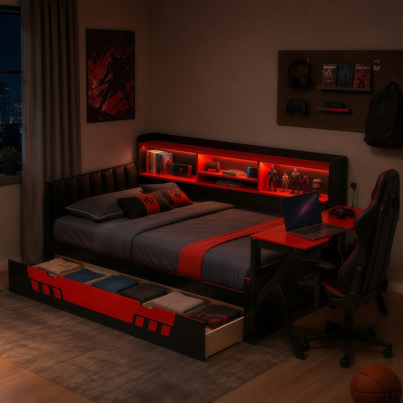 Lit de jeu double Vanta en bois avec bureau, étagères de rangement, éclairage DEL et station de recharge, Lit simple