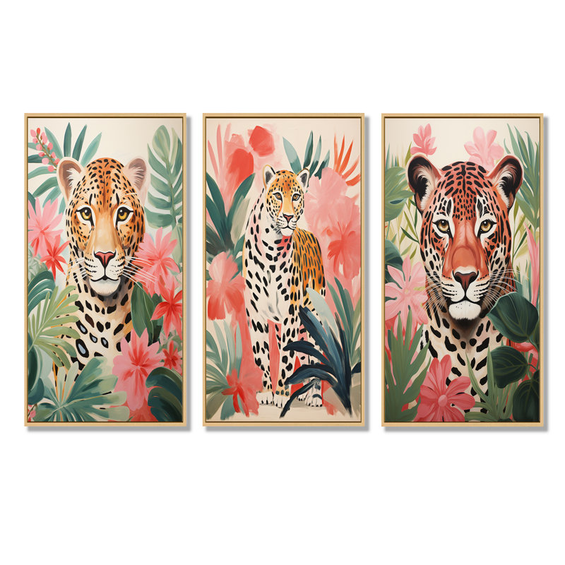 Leopard vert et rose dans la jungle I - ensemble de 3 reproductions d'art sur toile léopard, Cadre flottant brun