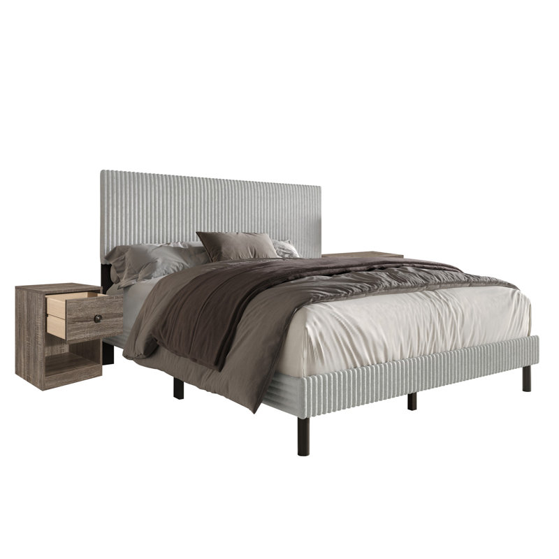 Osceola Queen Upholstered Panel Bed With 2 Nightstands, Light Gray, Queen