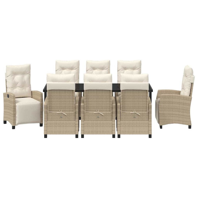  Ensemble de salle à manger de jardin avec coussin 9 pièces en rotin de polyester beige, Coussin beige / structure naturelle