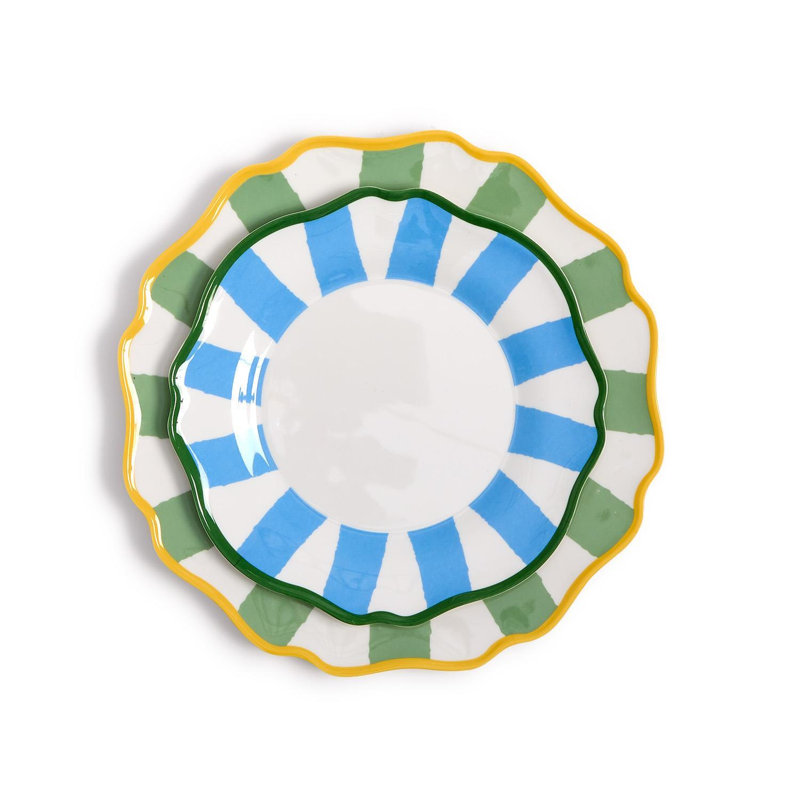 Ensemble de 4 assiettes en mélamine durables à rayures vert sauge pour les repas quotidiens d'intérieur et d'extérieur