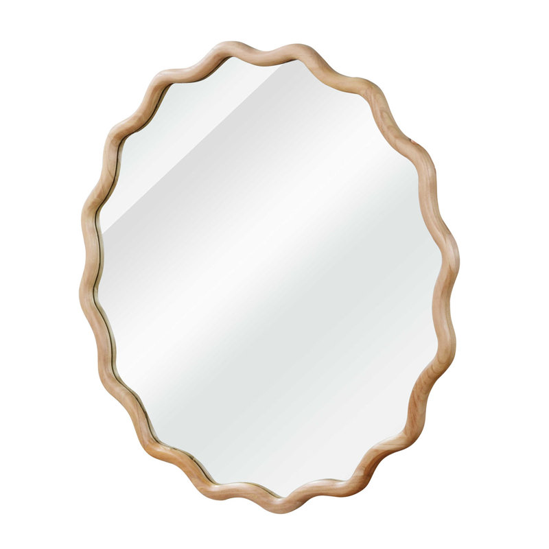 Wavy Round Solid Wood Frame Decorative Mirror,For Bedroom, Bathroom, Living Room, Entryway, Natural Wood