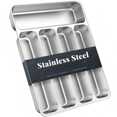Silverware Organizer, Stainless Steel, Dishwasher Safe for Drawer | 13.8" x 11.4" x 1.6", Rust-Resistant & Non-Absorbent, 5-Compartment, Holds Spoons/Forks/Knives