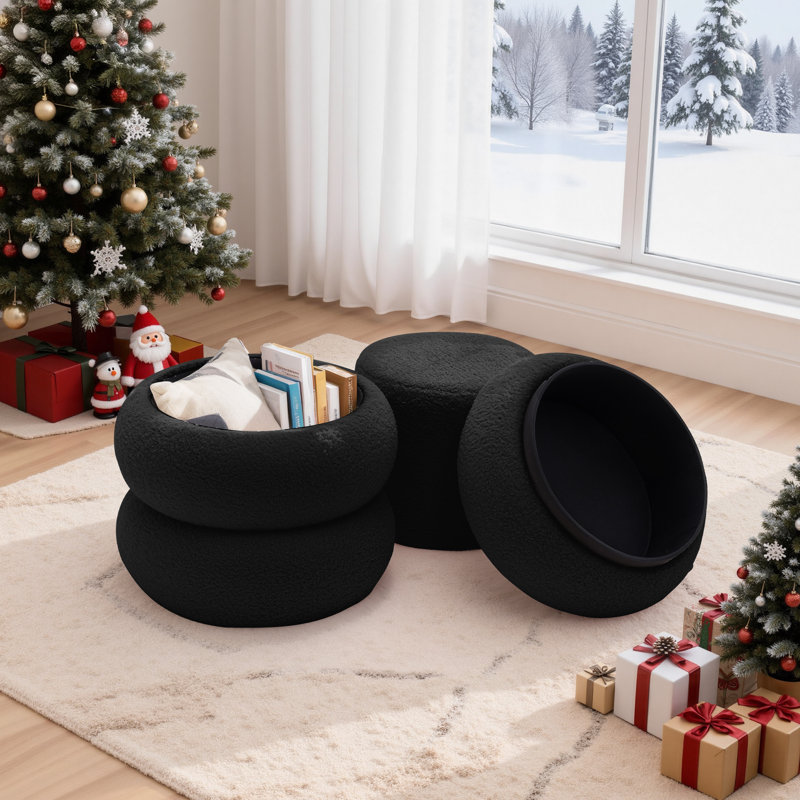 Round Ottoman with Storage, Teddy Velvet Upholstered Ottoman for Living Room and Bedroom(set of 2), Black
