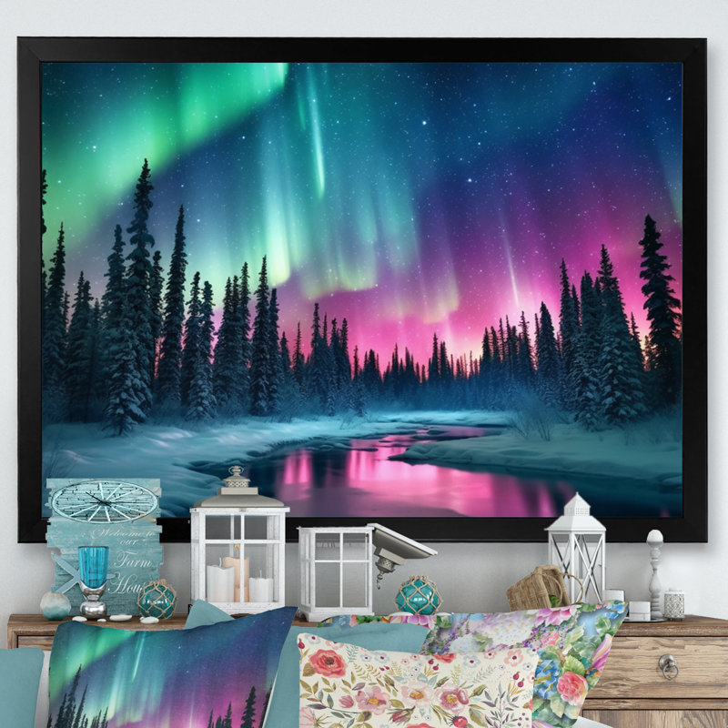 Northern Lights In Alaska II - Alaska, art mural, H 34 po x l 44 po x P 1,5 po, Cadre simple noir