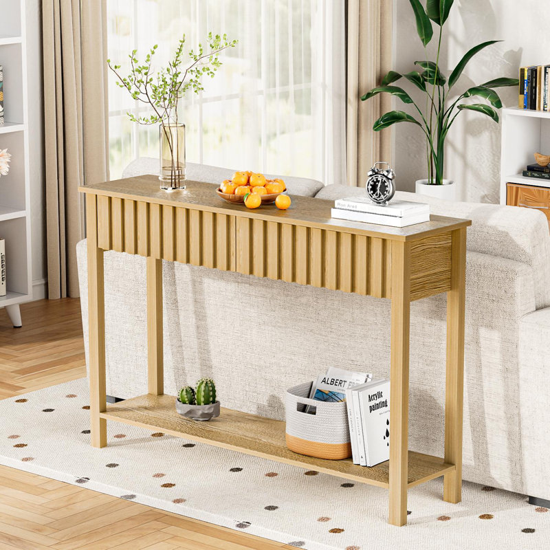 47” Console Table With 2 Drawers, Narrow Sofa Table With Open Storage Shelf For Entrance, Hallway, Living Room, Natural