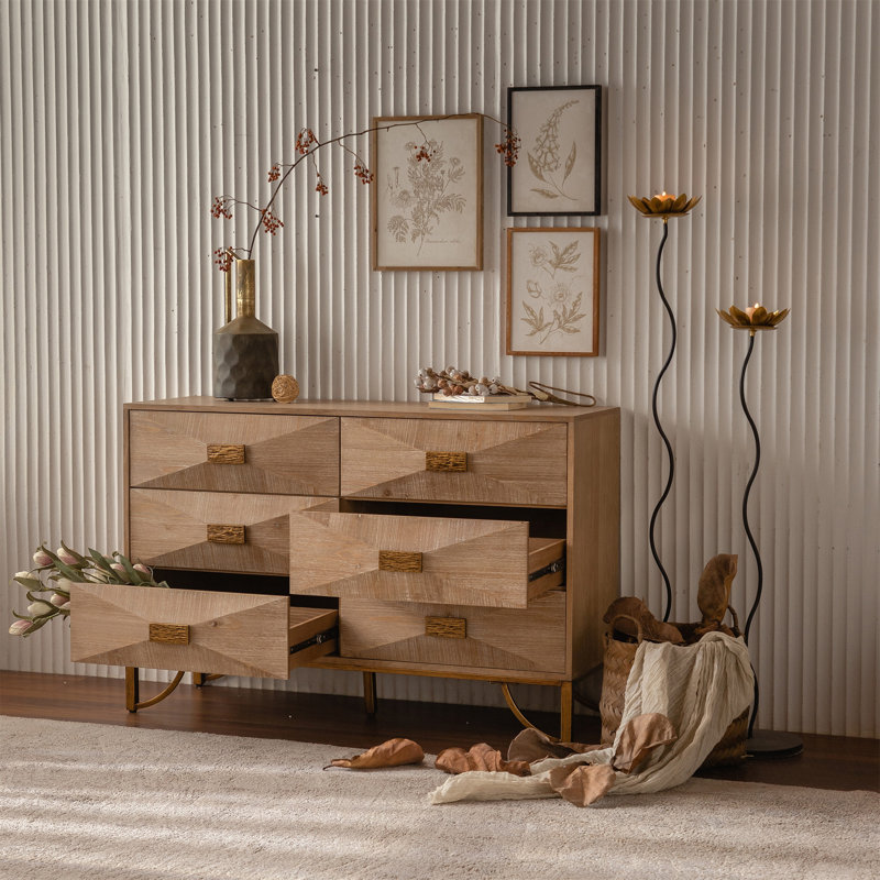 geometric design dresser 6-Drawer Geometric Relief Dresser With Gold Metal Legs, Combining Modern Elegance And Ample Storage For Versatile Use Latitude Run