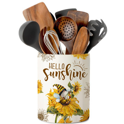 Kitchen Decor Ceramic Yellow Cooking Utensil Holder Crock, Sunflower Gnome Decor, Utensil Jar, Summer, Summer Farmhouse Kitchen Counter Crocks, Countertop, Spoon Rest, (Sunflower)